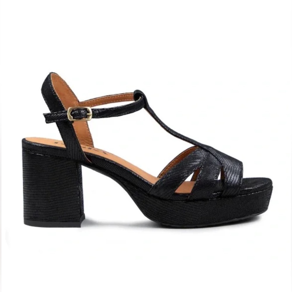 New Esska x Anthropologie Charlie 10 Black Metallic Leather T-Strap Platform